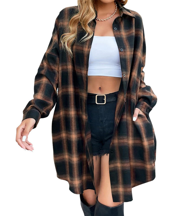 Women's Button Down Flannel Shirts Plaid Shacket  Collared Long Jacket Coats (BUY 2 FREE SHIPPING)