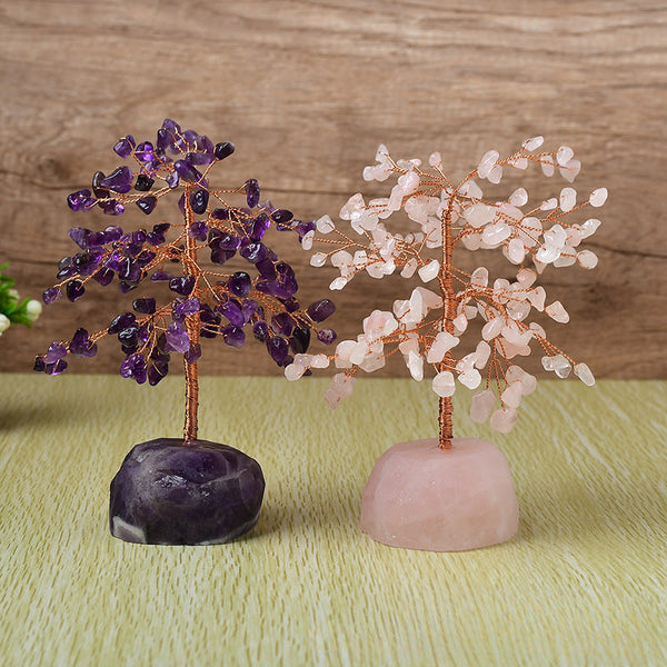 Crystal Fortune Tree with Natural Stone Base and Leaves