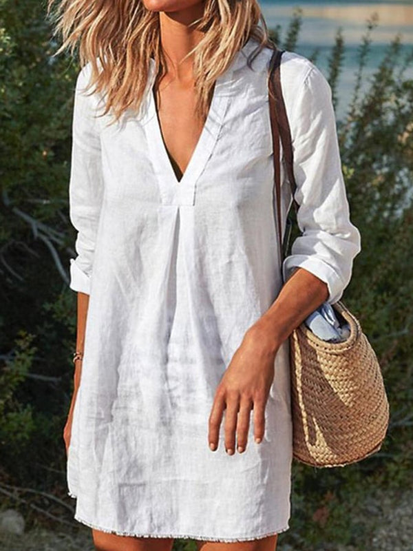 Casual V-Neck Cotton and Linen Dress