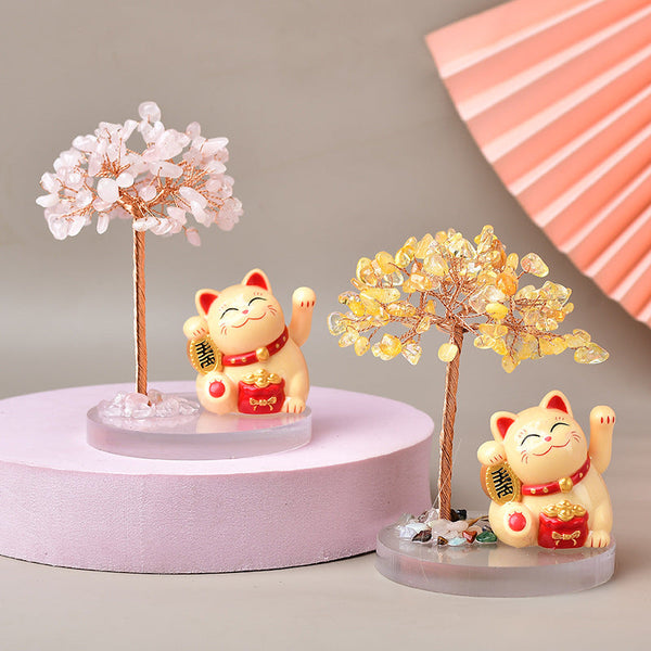 Crystal Lucky Cat Base Fortune Tree