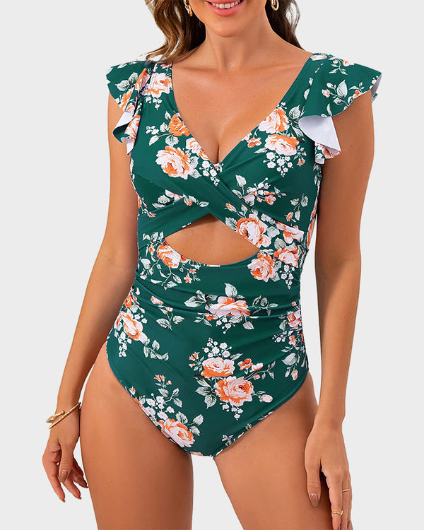 Ruffle Sleeve Cut-Out Ruched One-Piece Swimsuit