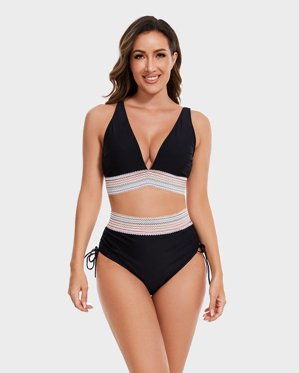 High Waisted Tummy Control Color Block Bikini Sets